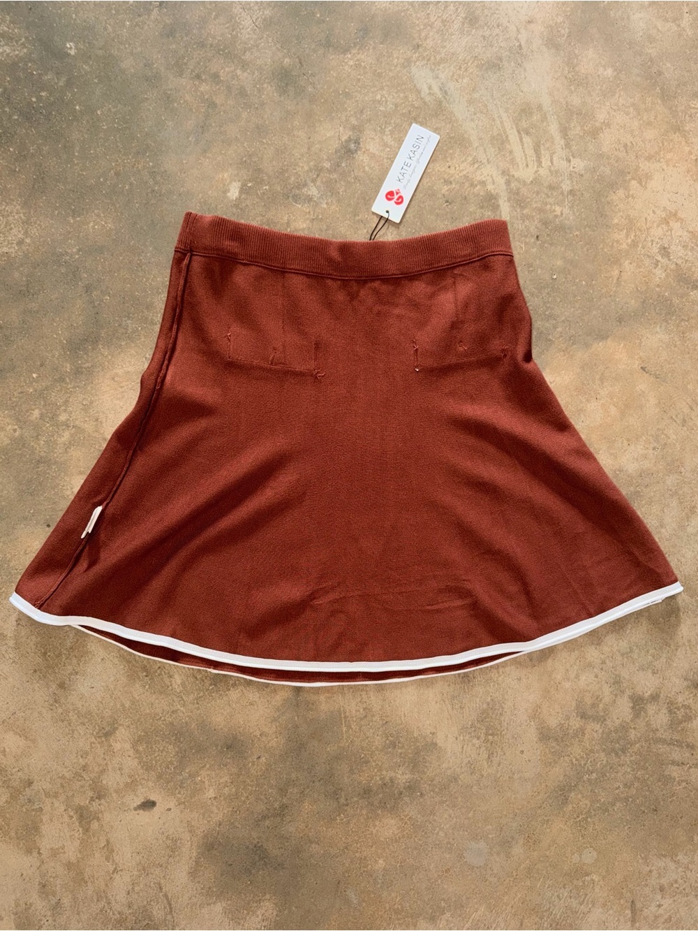 NWT Kate Kasin XL Coffee Brown Knit A-Line Skirt White Trim Preppy Mini - Picture 7 of 9